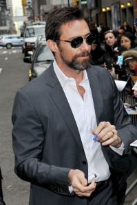 Hugh Jackman sports a scruffy beard while greeting fans outside the 'Late Show with David Letterman' in NYC